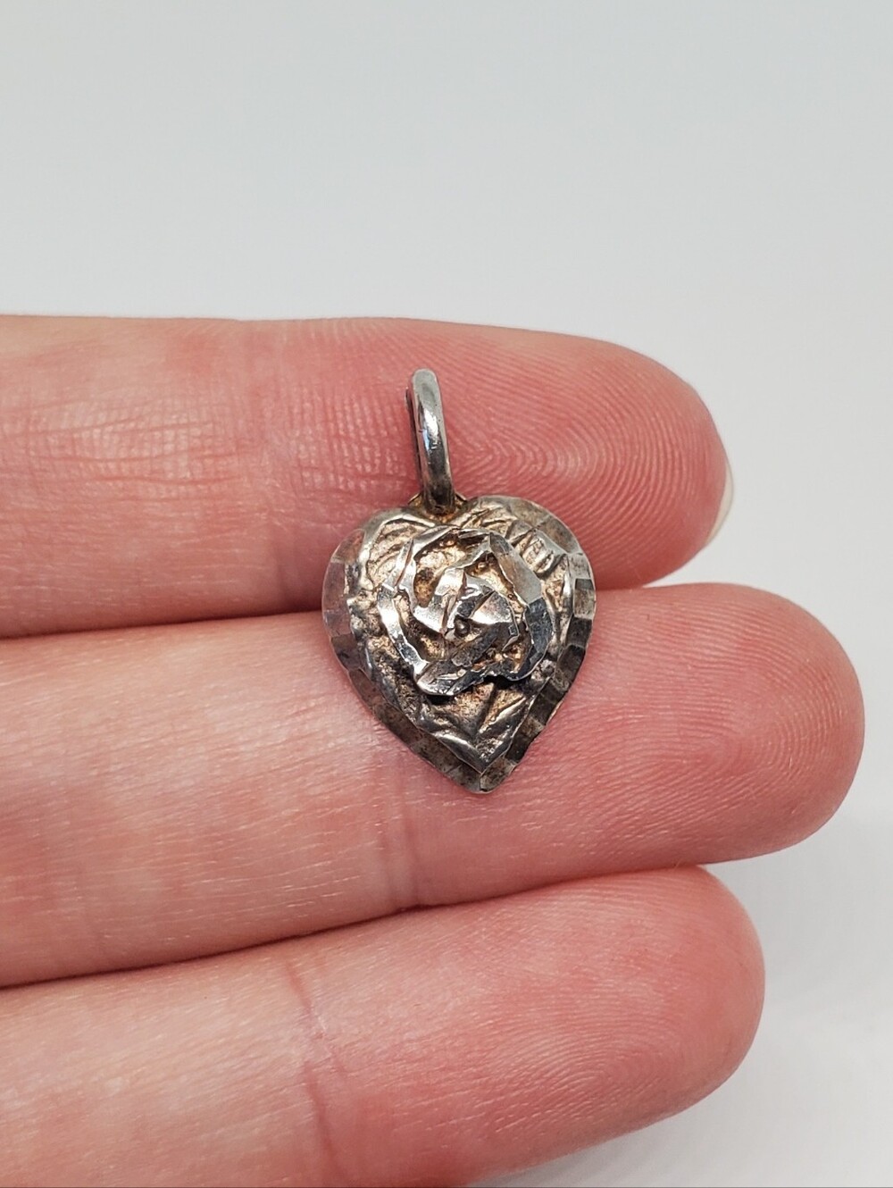 Vintage Sterling Silver Brutalist Rose Heart Pendant